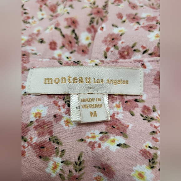 Monteau Los Angeles Pink White Floral Dress Size Medium Boho Prairie Tie Spring - Picture 9 of 11